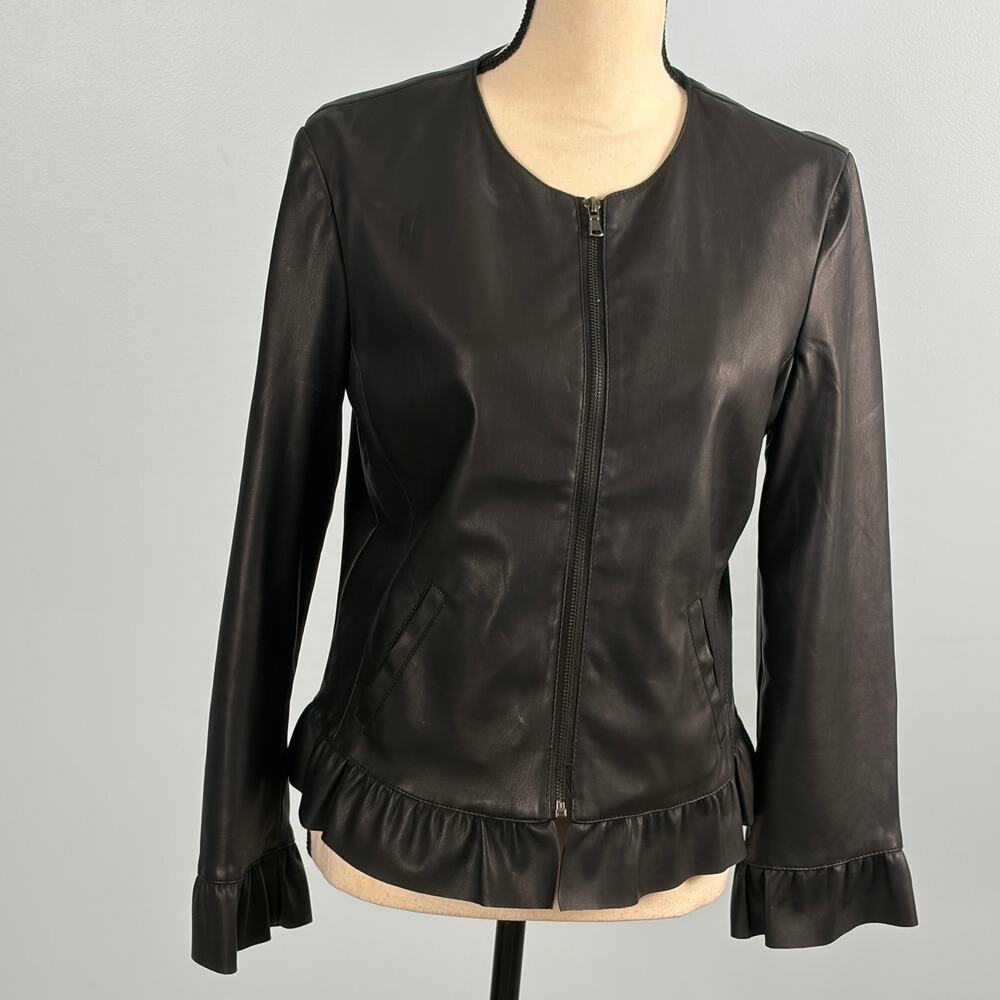 Ann Taylor Factory Faux Leather Ruffle Jacket 8 Black Feminine Moto Grunge